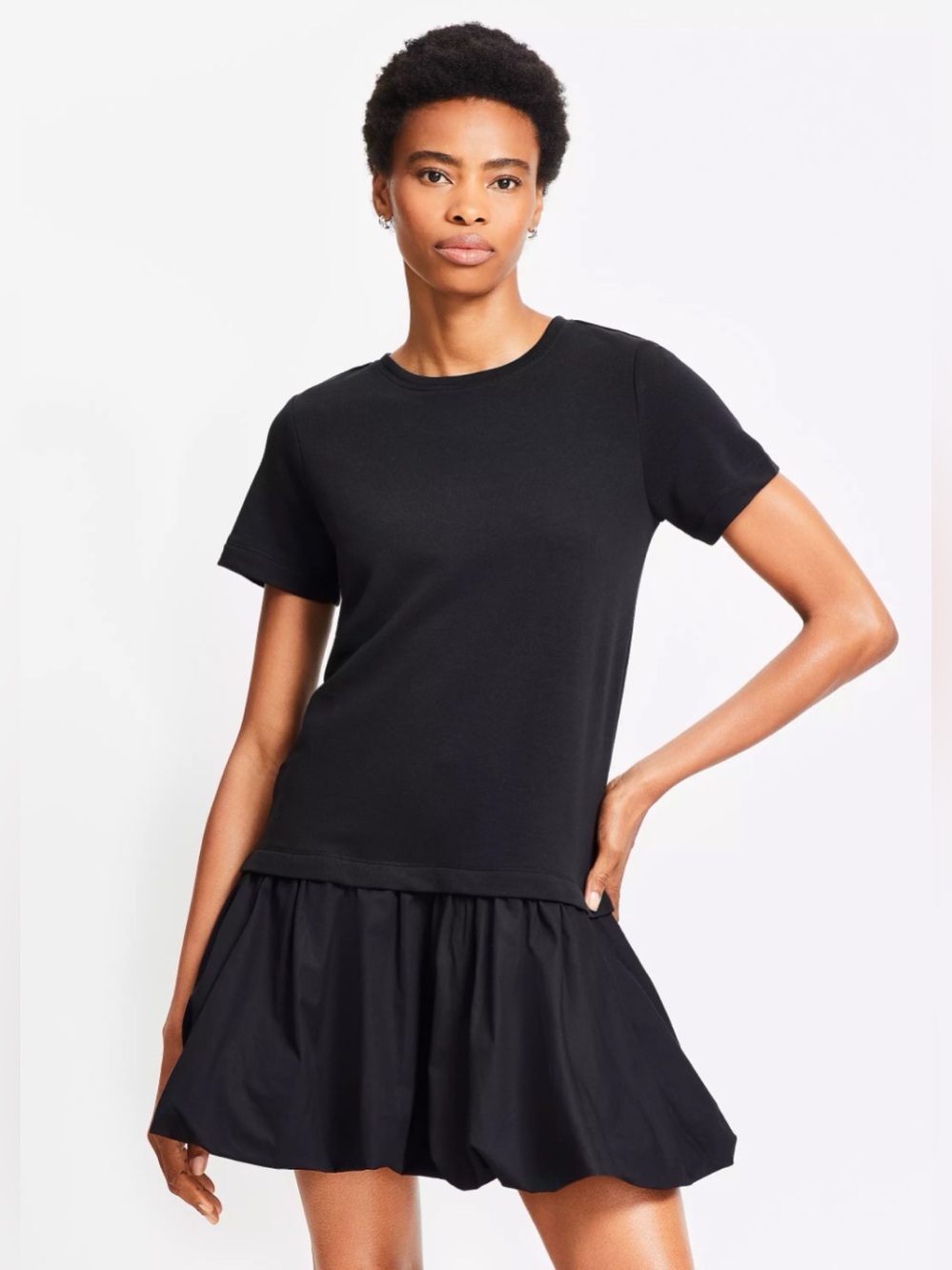 LOFT Bubble hem mini dress terry cotton top with drop waist skirt Black Medium